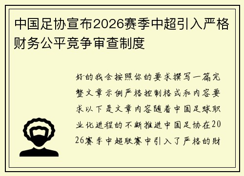 中国足协宣布2026赛季中超引入严格财务公平竞争审查制度